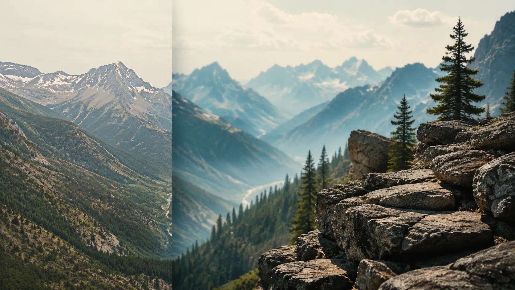 Before-and-after landscape transformation from flat 2D to layered dimensional depth preview