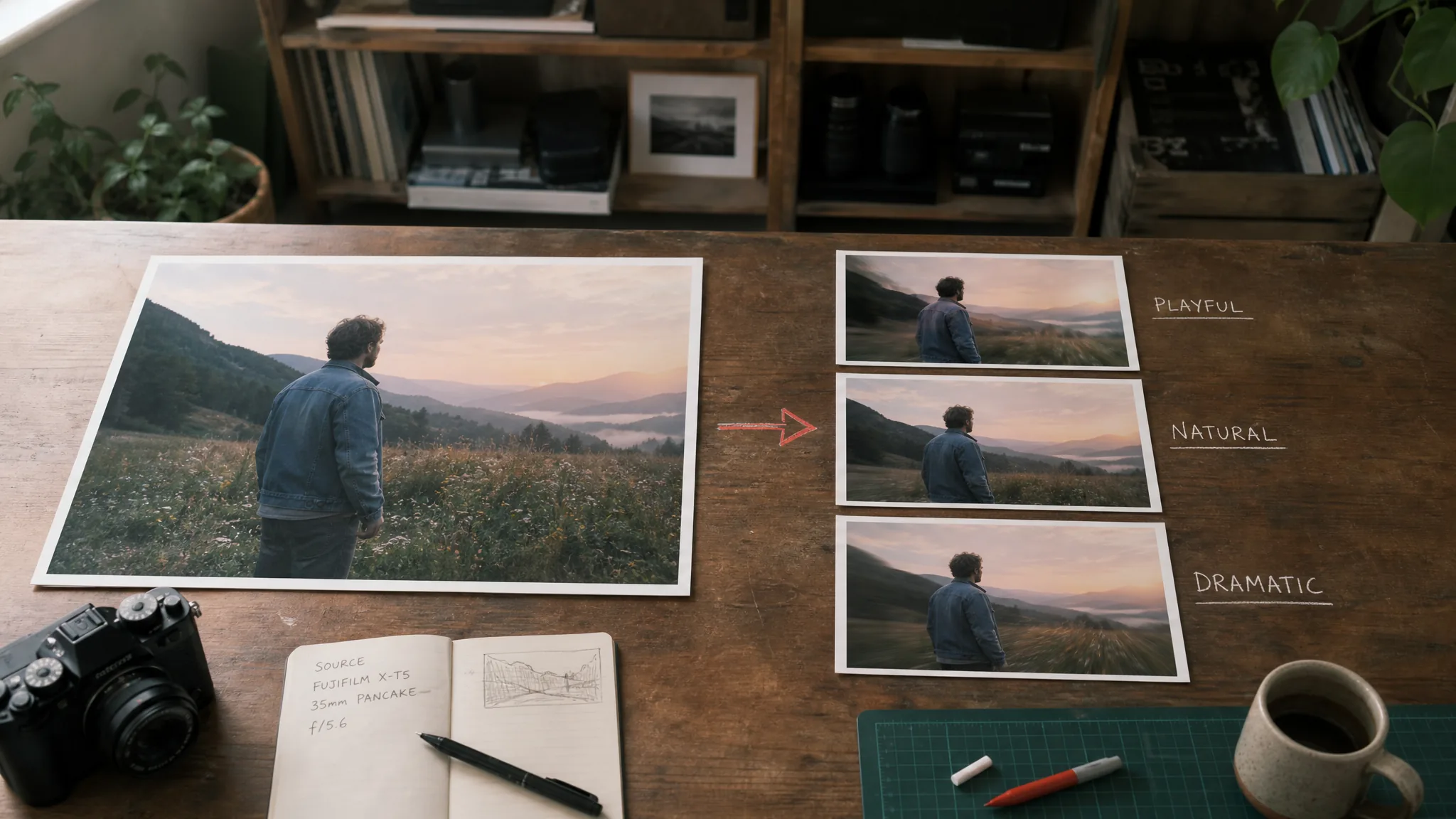 AI Animate Photo workspace overview: single uploaded photo at left of a creator's desk with three style preset thumbnail variants visible at right showing playful, natural, and dramatic motion energy preview