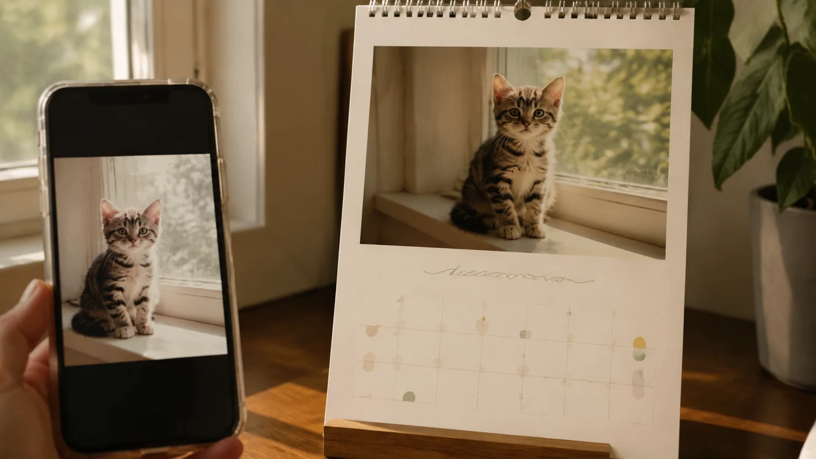 Phone photo of pet kitten transforming into printable photo calendar page preview