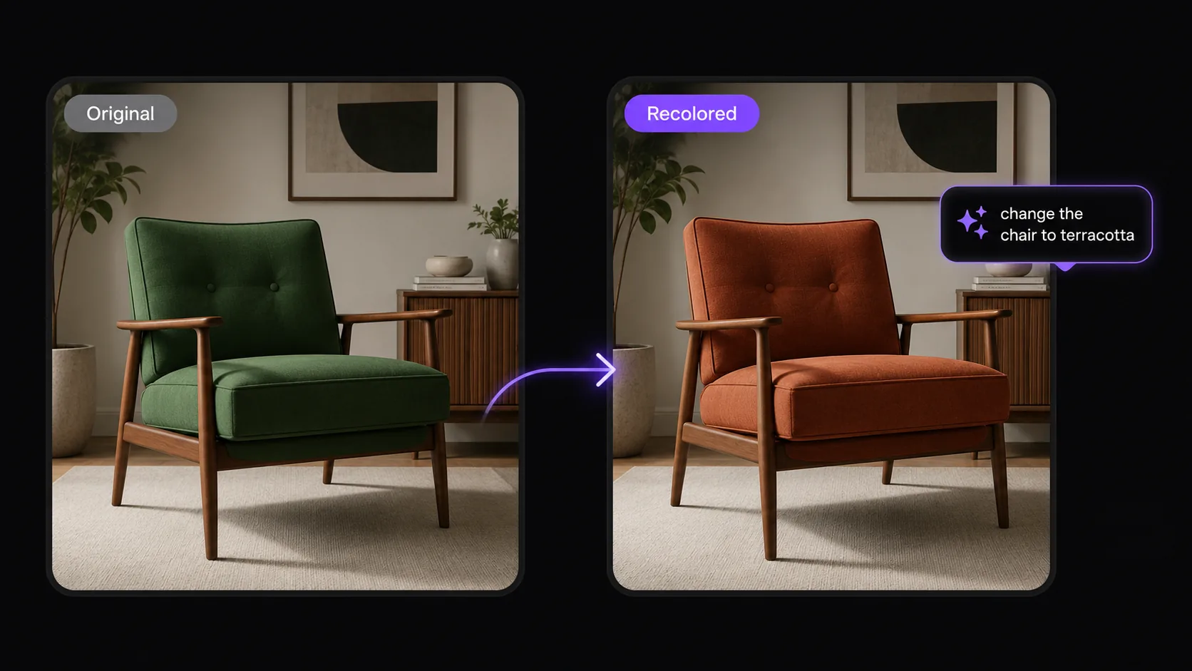 Before and after comparison showing AI color replacement on furniture preview