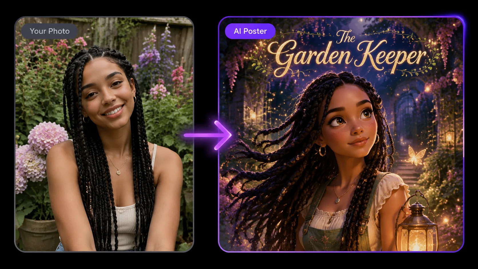 Photo to AI Disney poster transformation — before and after comparison preview