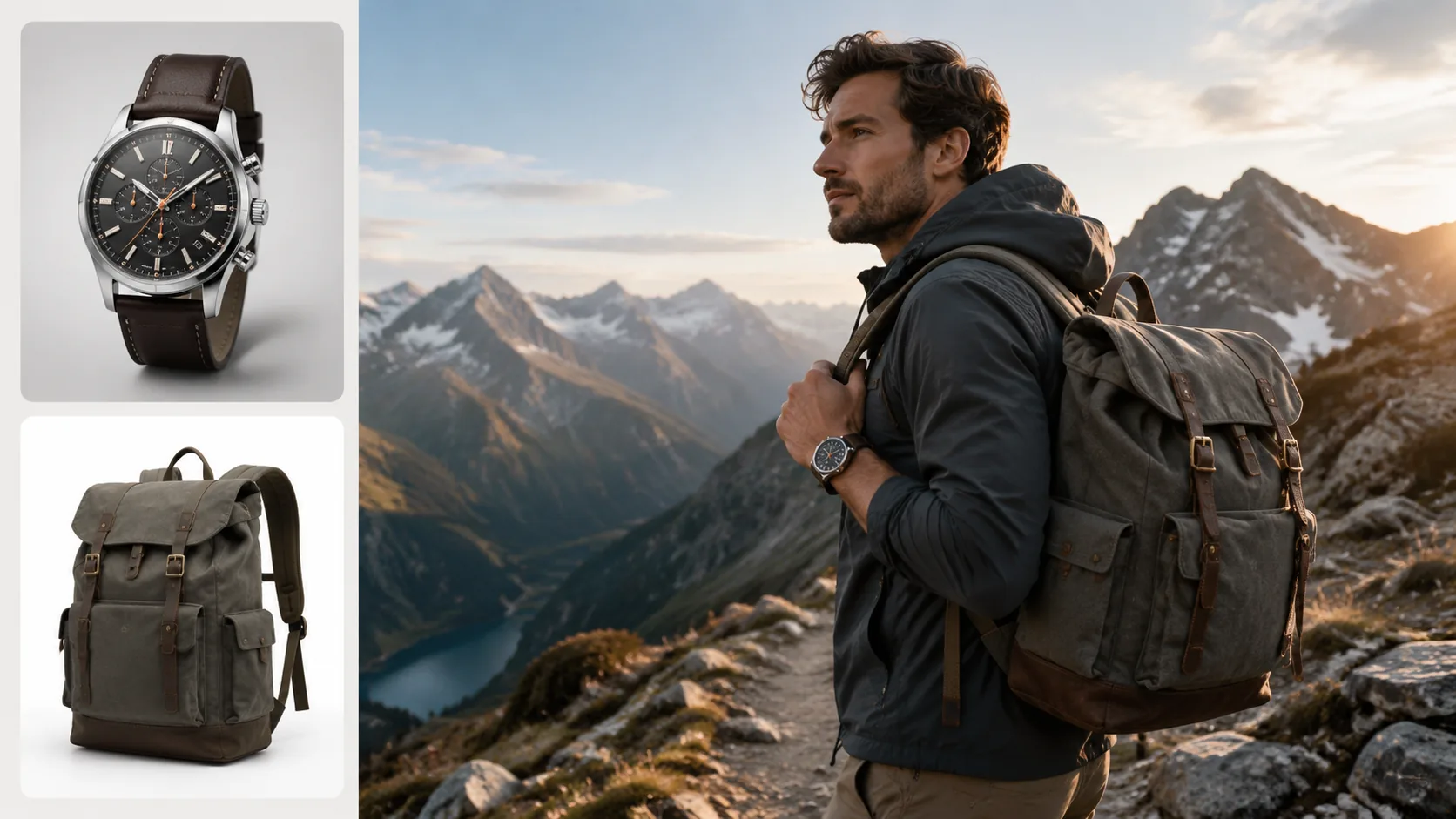 AI image combiner: wristwatch and backpack inputs both fused onto one hiker in a new mountain scene preview