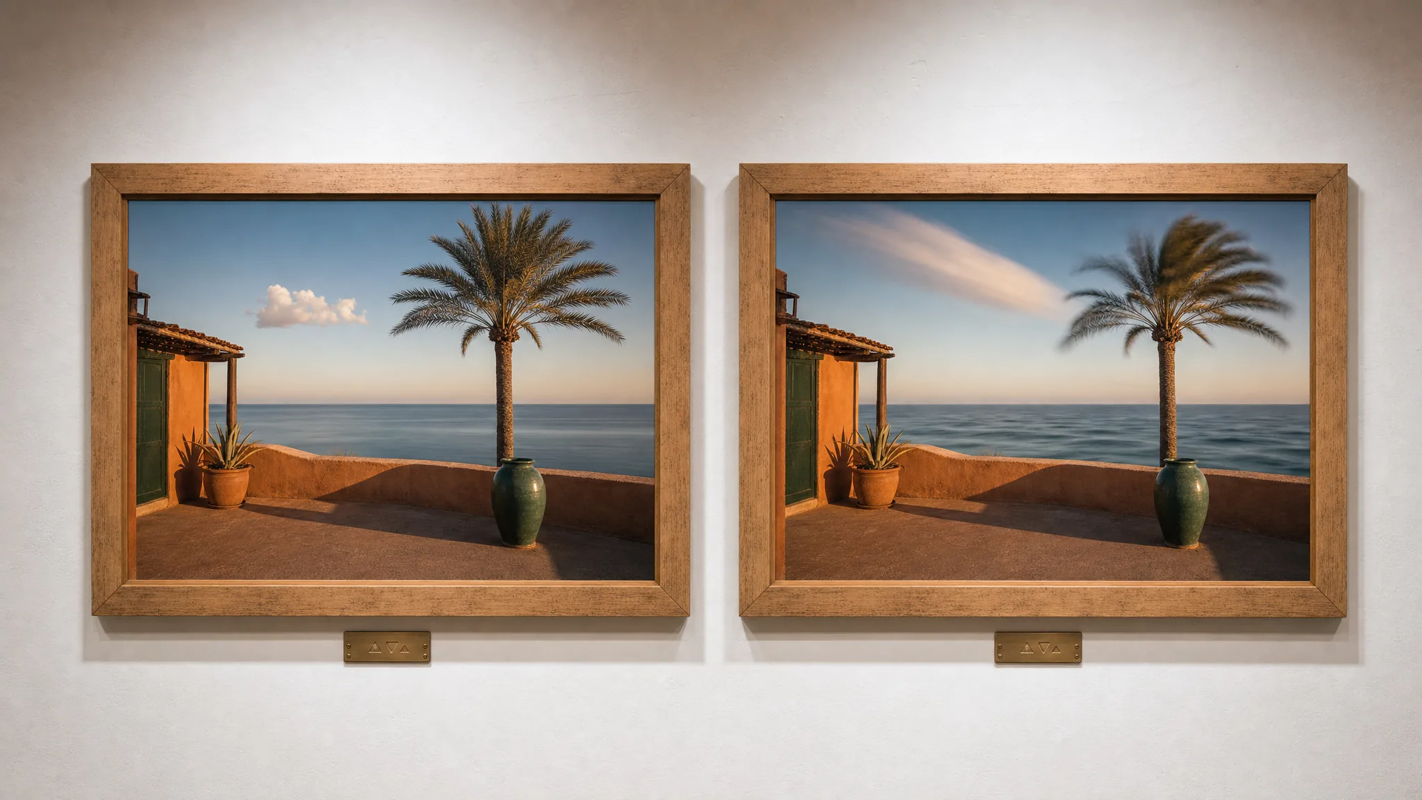 Picture-to-video before-after diptych: two identical-composition framed Mediterranean coastal pictures, left static crisp, right in motion with palm fronds blurred and water rippling preview