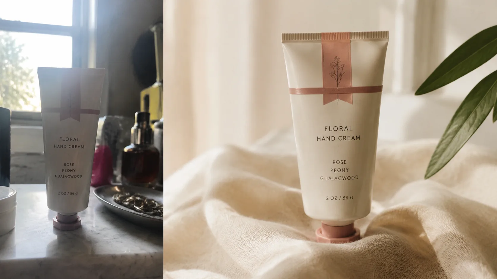 Before-and-after hand cream product photo transformation from phone snap to clean ecommerce image preview
