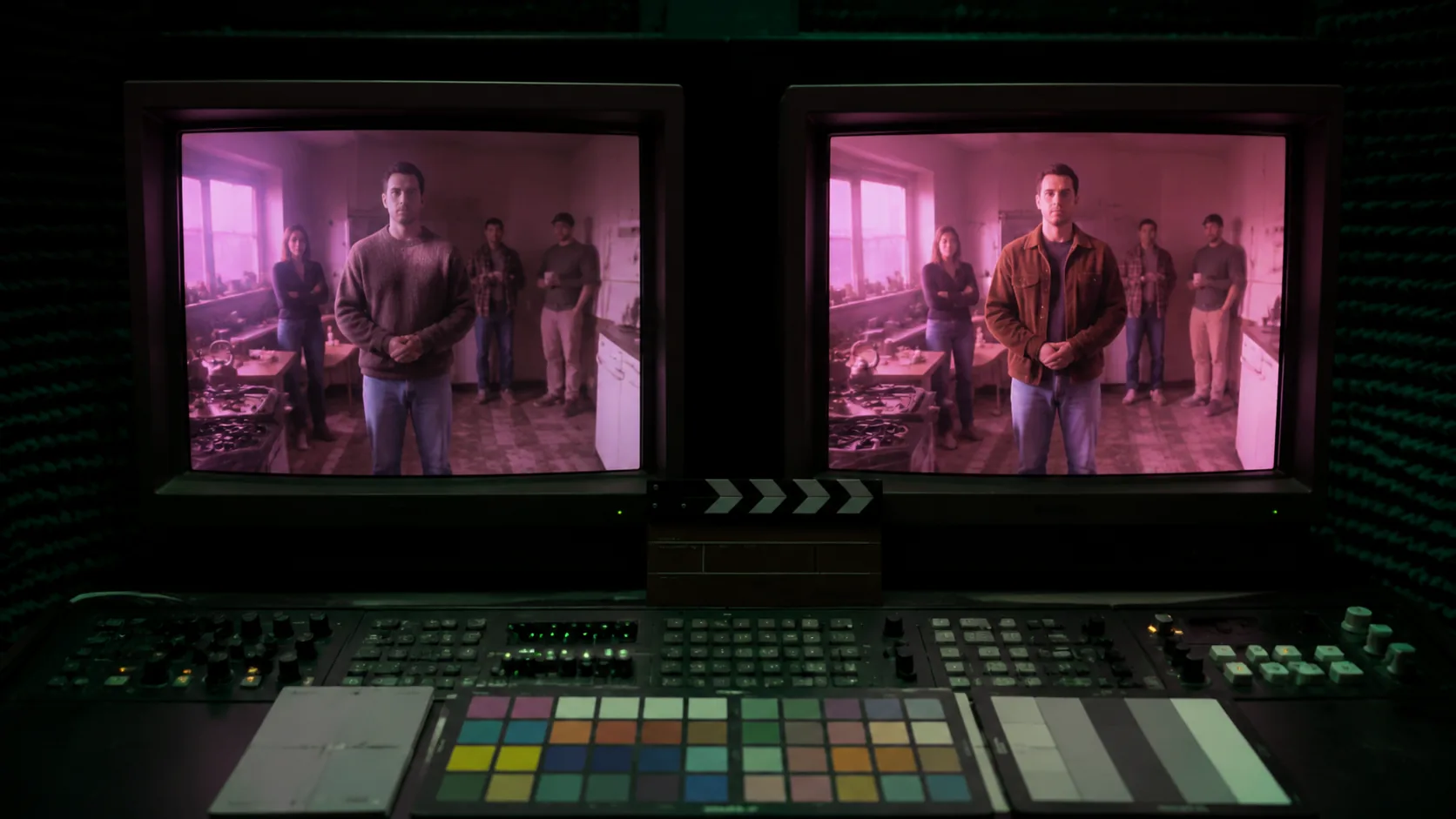 VFX compositing booth: two monitors showing same scene with swapped lead actors — animate replace identity layer preview