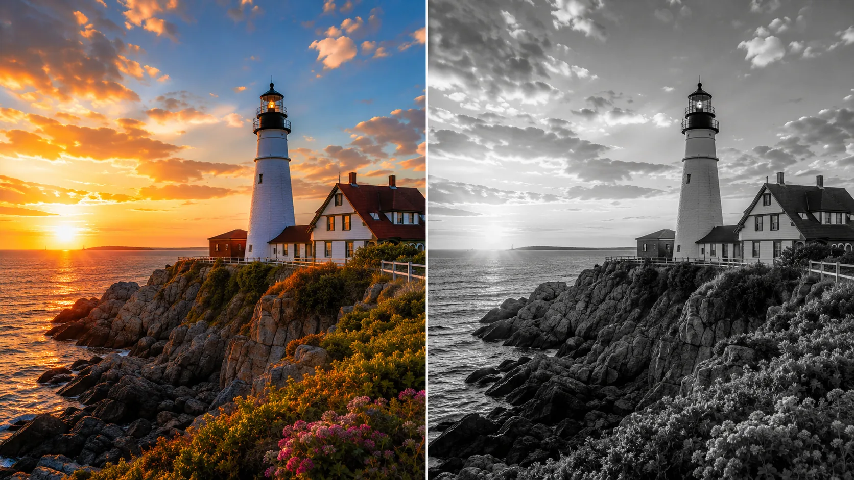Before and after comparison — color lighthouse photo converted with black and white filter preview