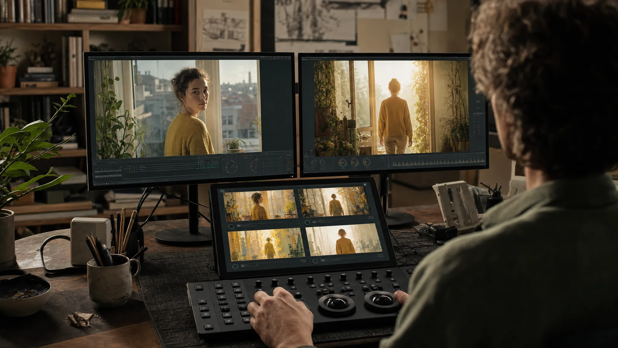 Four AI models interpreting the same keyframe pair — dual monitor showing first frame on left and last frame on right, with four smaller preview thumbnails of different motion interpretations below preview