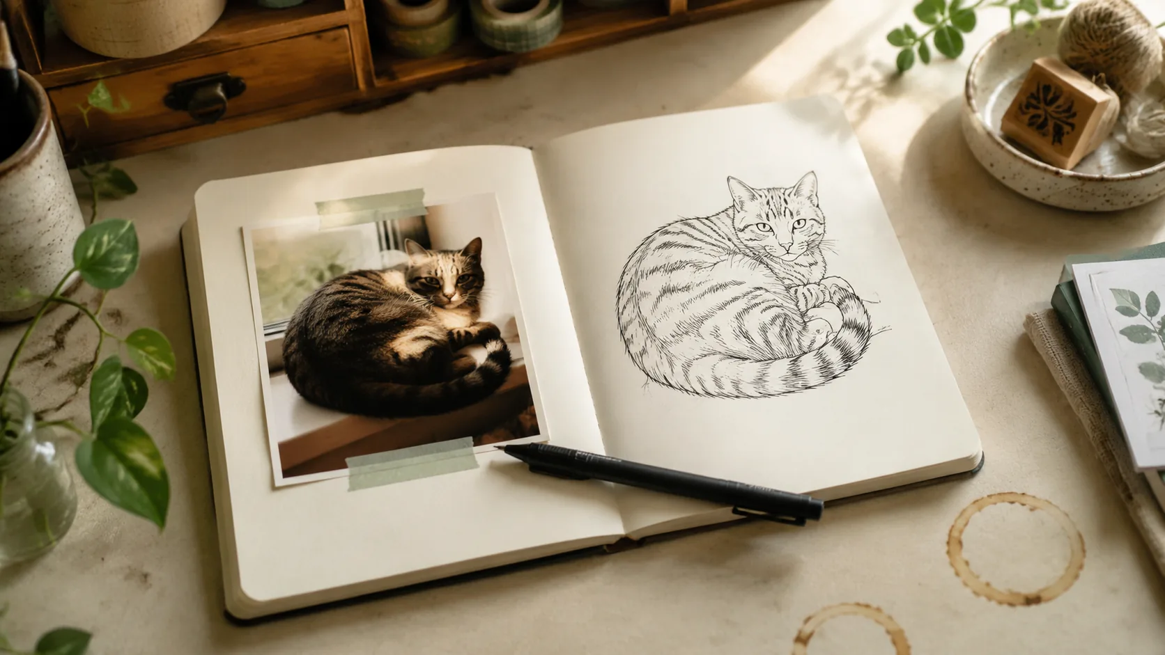 AI line art generator workflow — open sketchbook with tabby cat phone reference photo and matching clean line art conversion preview