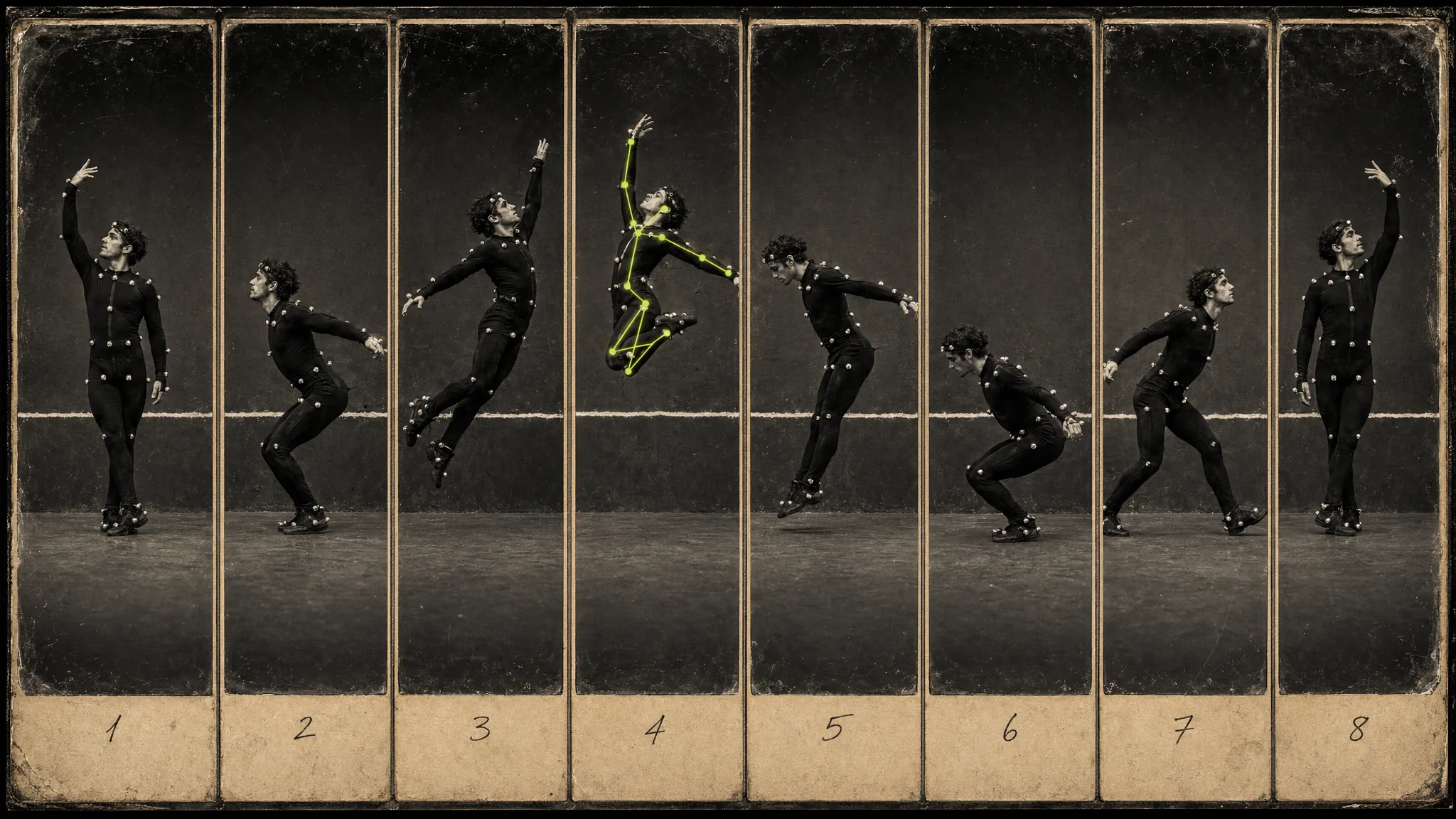 Motion Control 8-frame Muybridge grid: performer in mocap suit through sequential dance pose with chartreuse wireframe overlay on peak frame preview