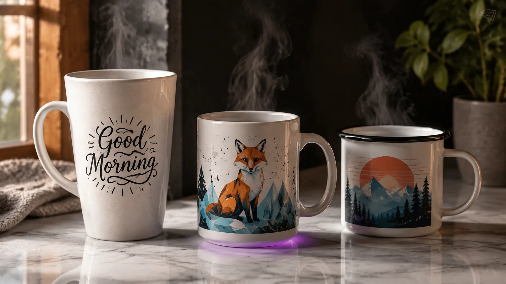 Three AI-generated custom mug designs with different styles preview