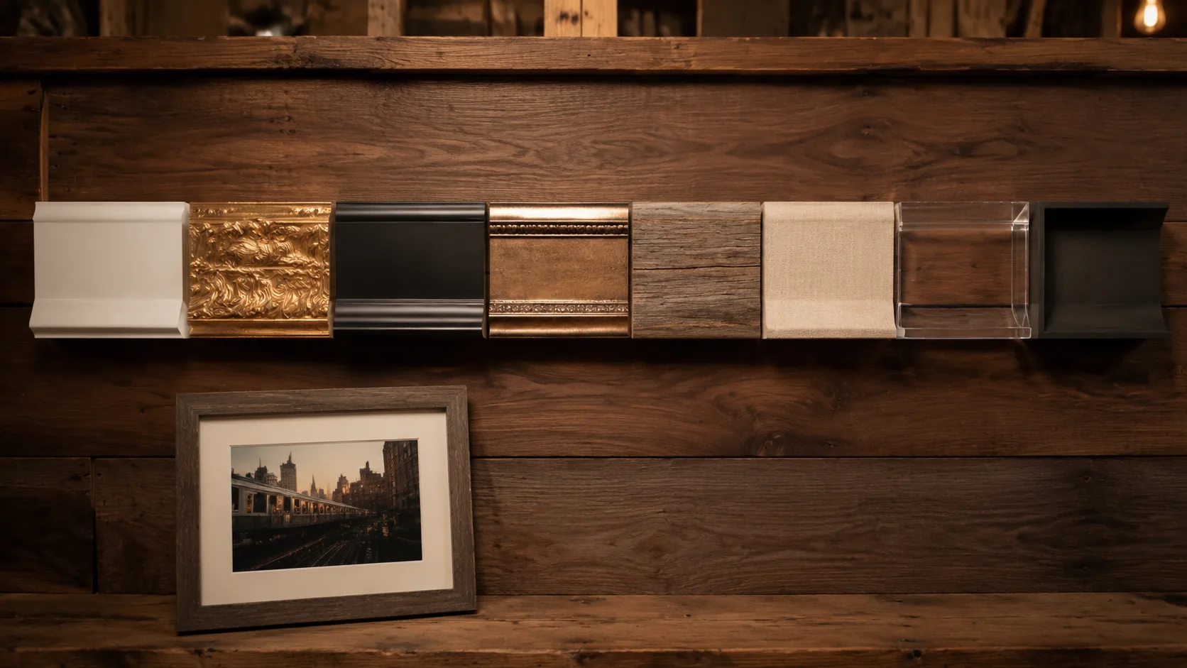 Brooklyn framing shop wall of 8 moulding samples — every frame style in one photo frame editor preview