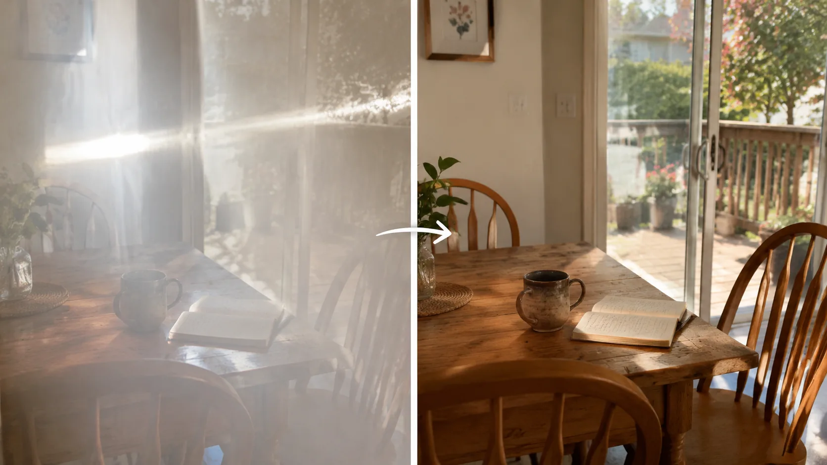 Before and after: a breakfast nook with a glare-streaked glass door cleaned to a sharp clear scene preview