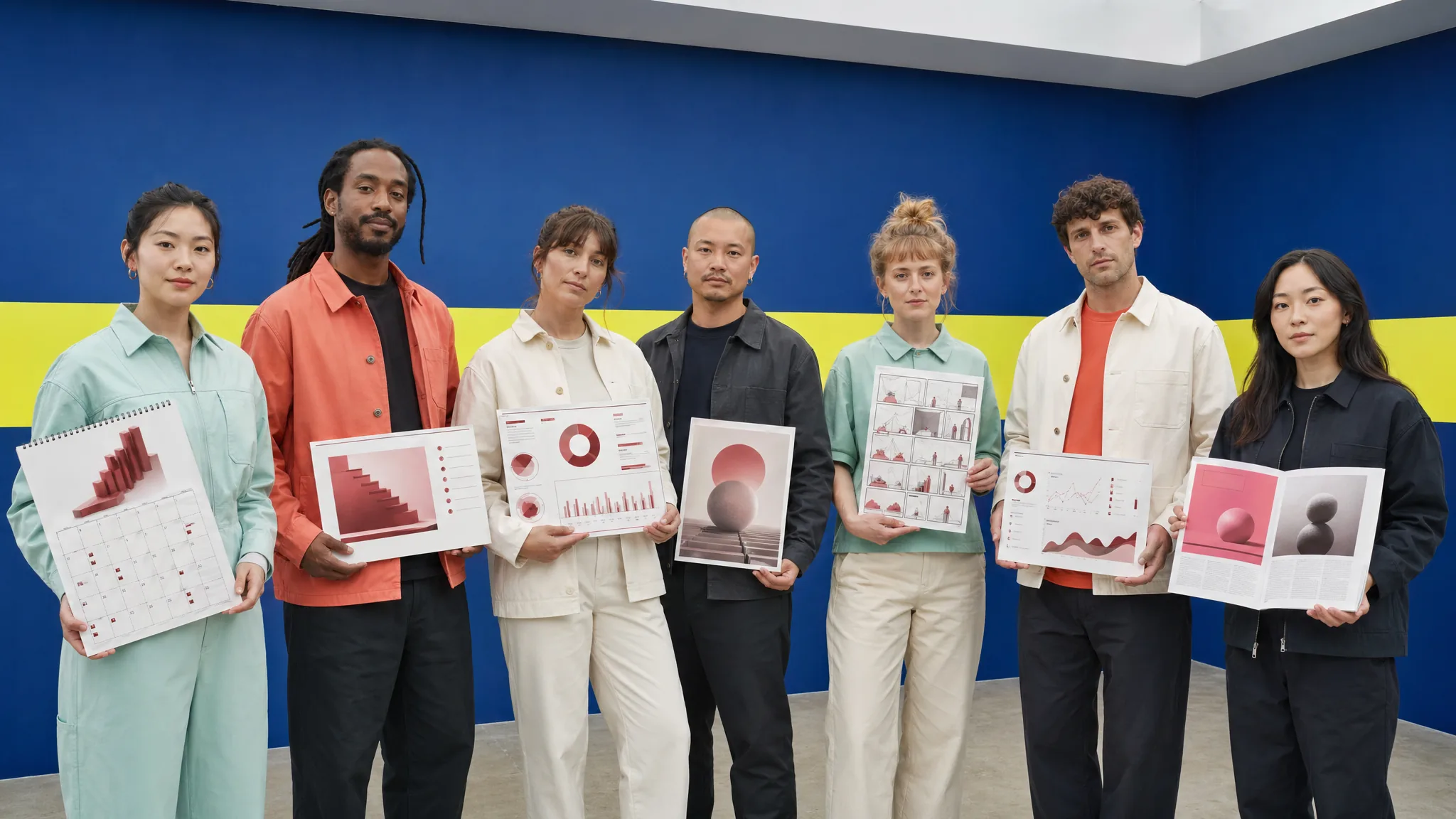 Qwen 2.0 contemporary tech-team group portrait against cobalt-blue wall with chartreuse horizontal stripe, holding diverse text-rendering artifacts preview