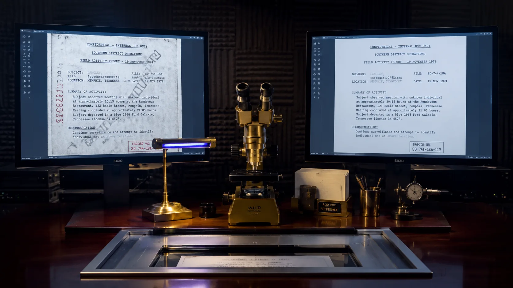 Forensic document lab dual monitors showing before/after scans — AI text removal multi-model comparison preview
