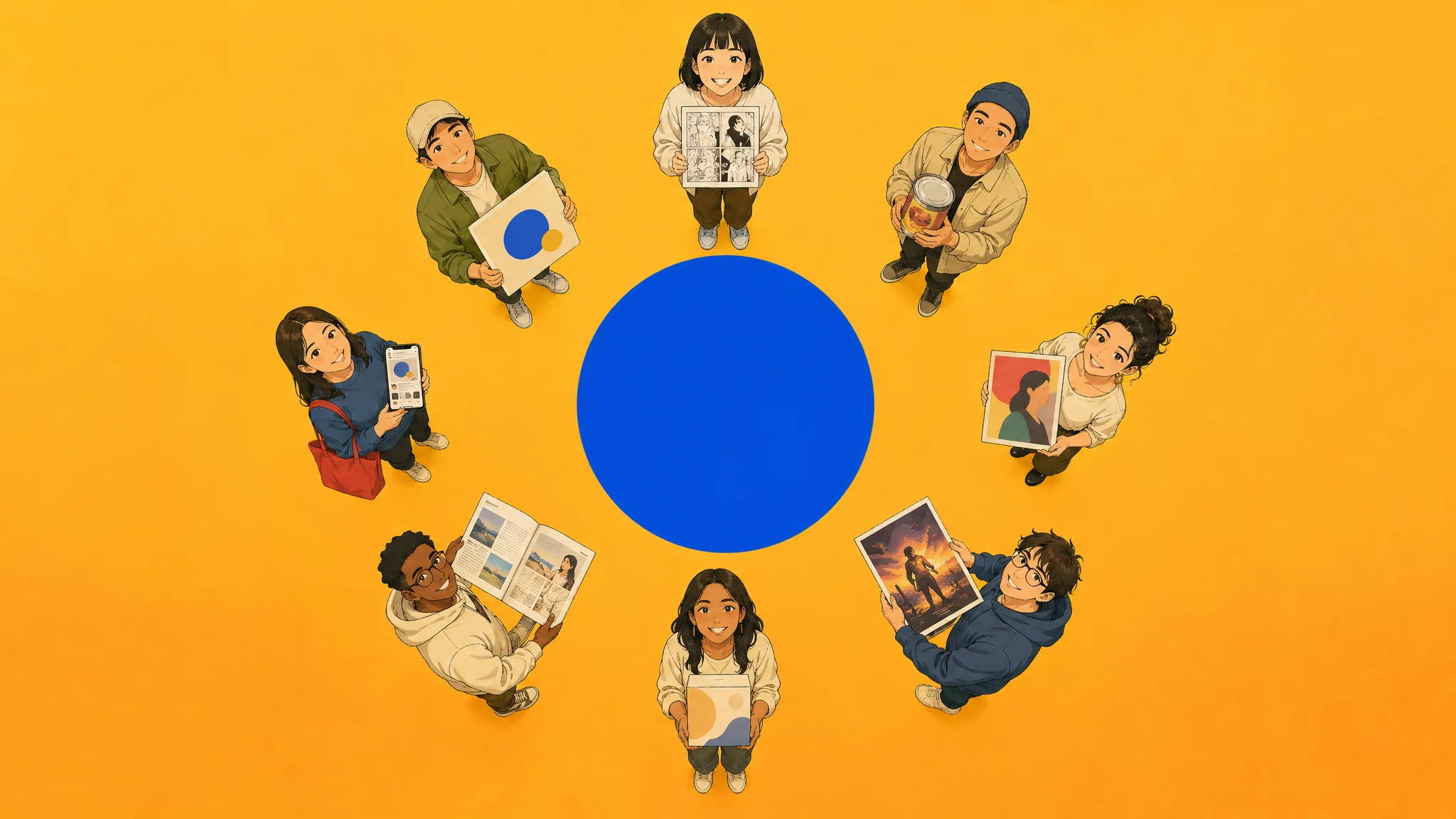 Seedream 5.0 conceptual overhead editorial illustration with 8 creators around central blue circle preview