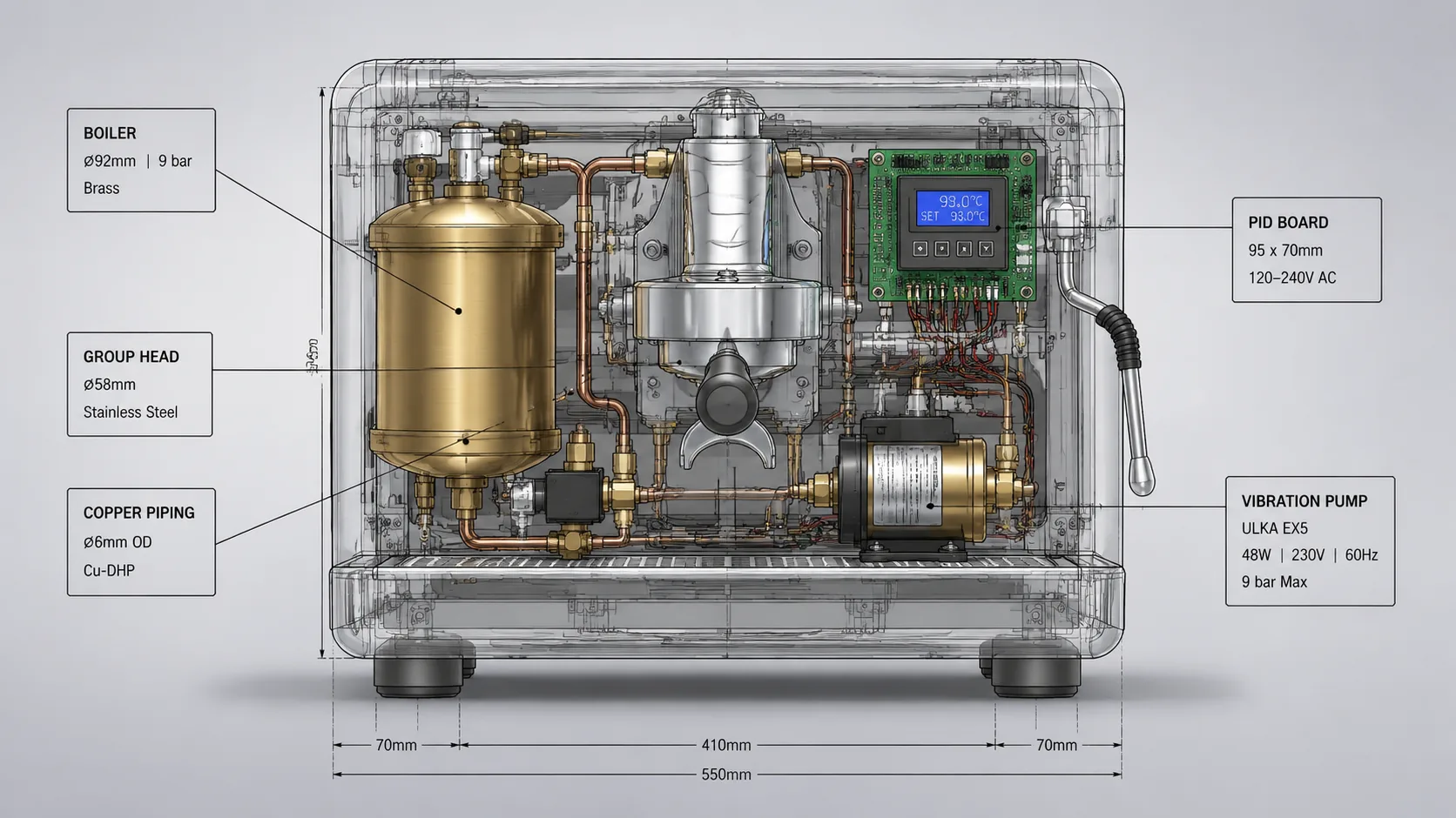 X-ray cutaway CAD drawing of an espresso machine showing internal boiler, pump and water lines with engineering leader callouts and dimensions on a grey CAD viewport. preview