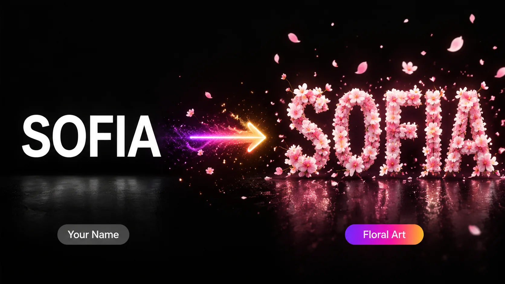 Transform plain text name into floral art — before and after preview