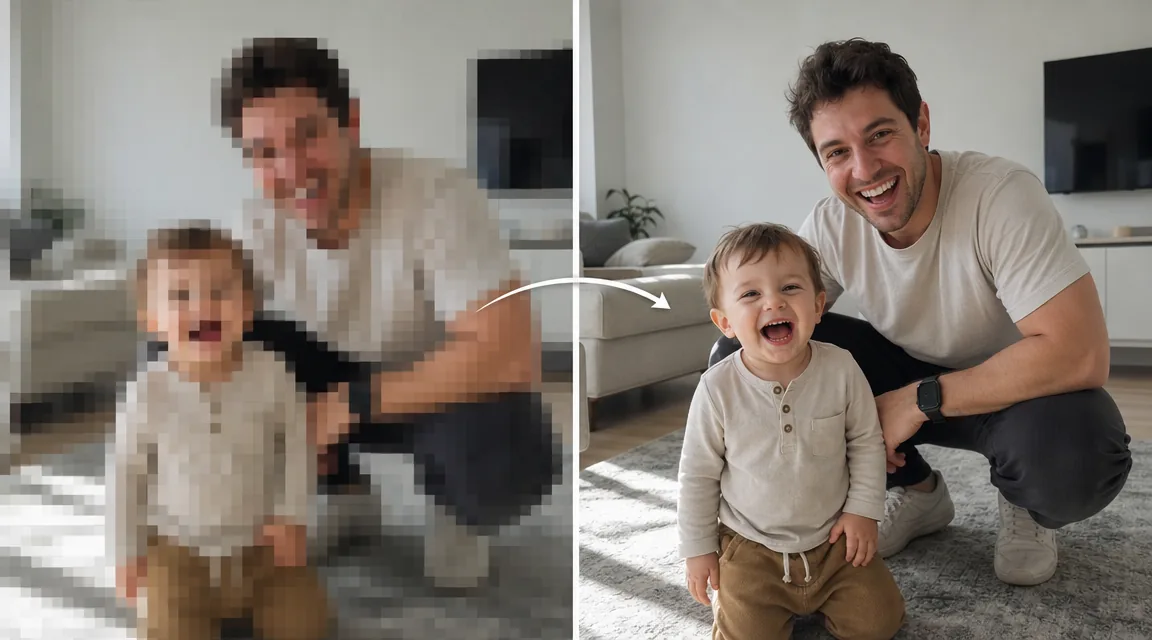Wide before/after split — a blocky family snapshot restored into a sharp, clear photo preview