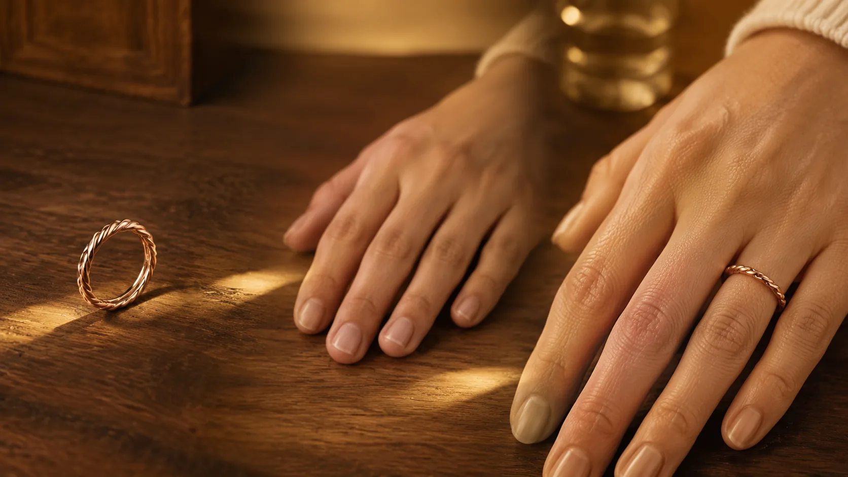 Wide composite showing a rose-gold twisted-band ring photo and a hand photo resolving into one realistic on-hand result on warm walnut wood preview