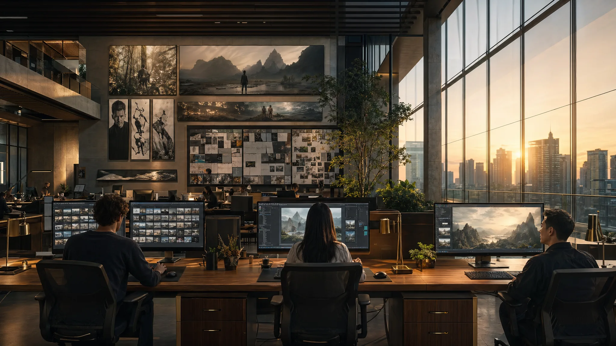 Wan 2.7 enterprise creative studio at dawn with multi-tier workflow visualized across monitors preview