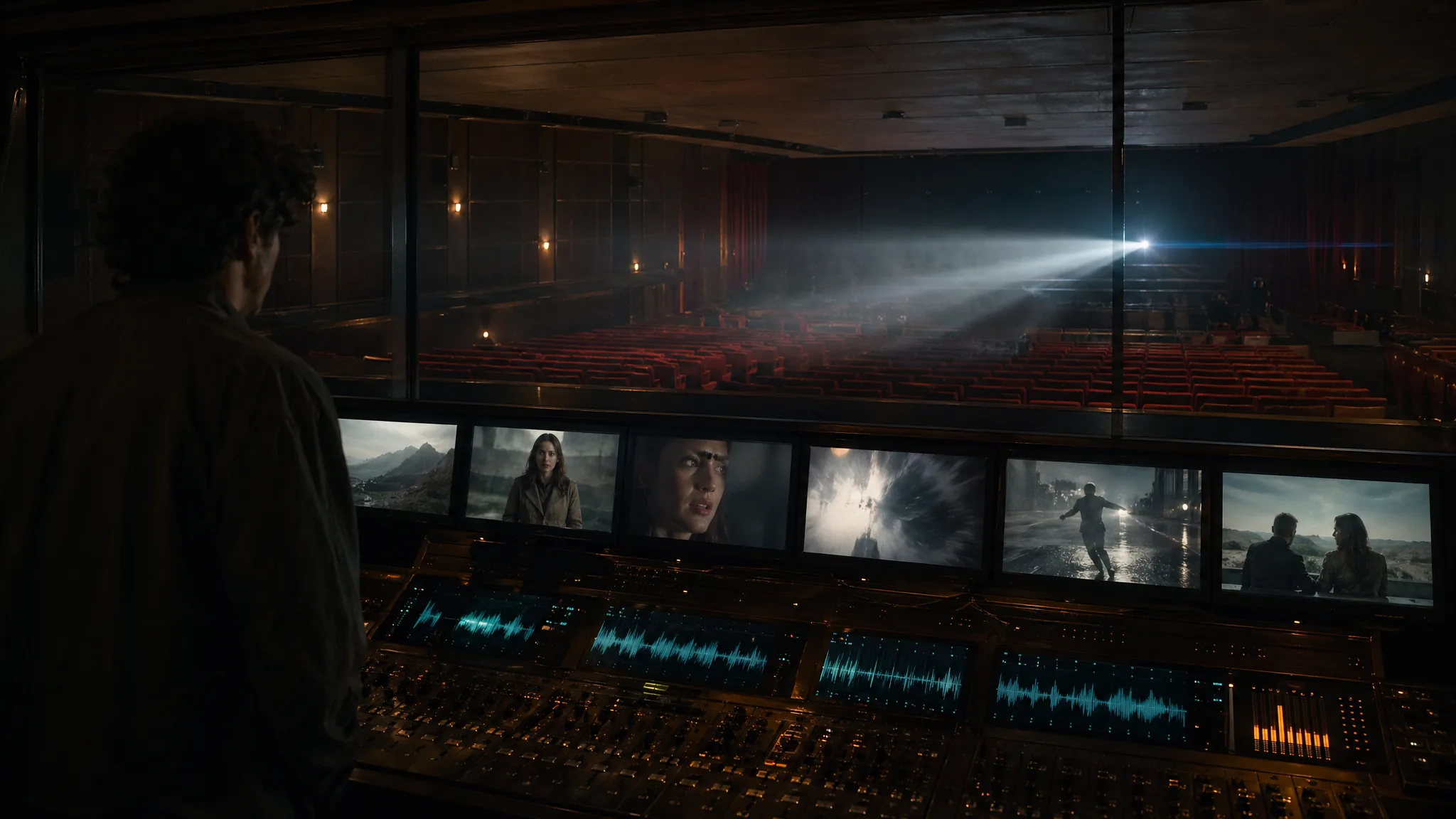 Wan 2.7 Video projection booth scene: cinematographer at 6-monitor wall showing sequential narrative frames, soundboard with cyan waveforms preview